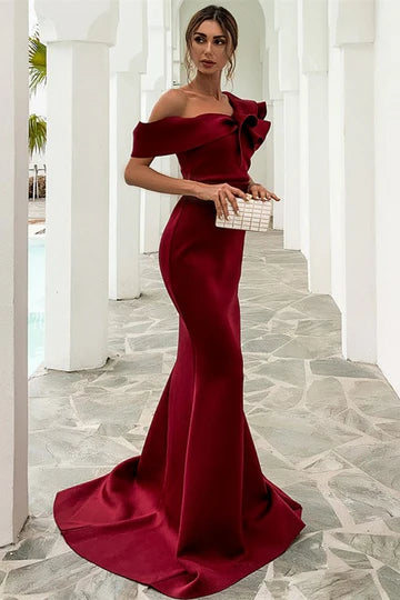 Burgundy Off-the-Shoulder Ruffled Mermaid Long Evening Dress
