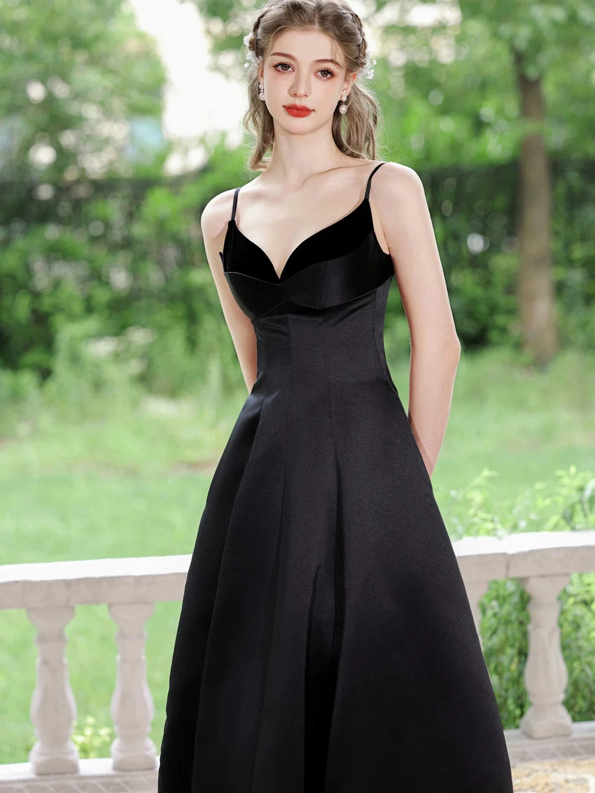 A-Line V Neck Tea Length Satin Black Prom Dress  Black Formal Dress