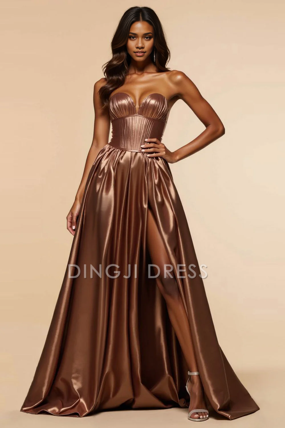 DingJiDress High Quality Dress Charming Strapless Corset A Line Ruched Sweetheart With Silt Long Prom Dress