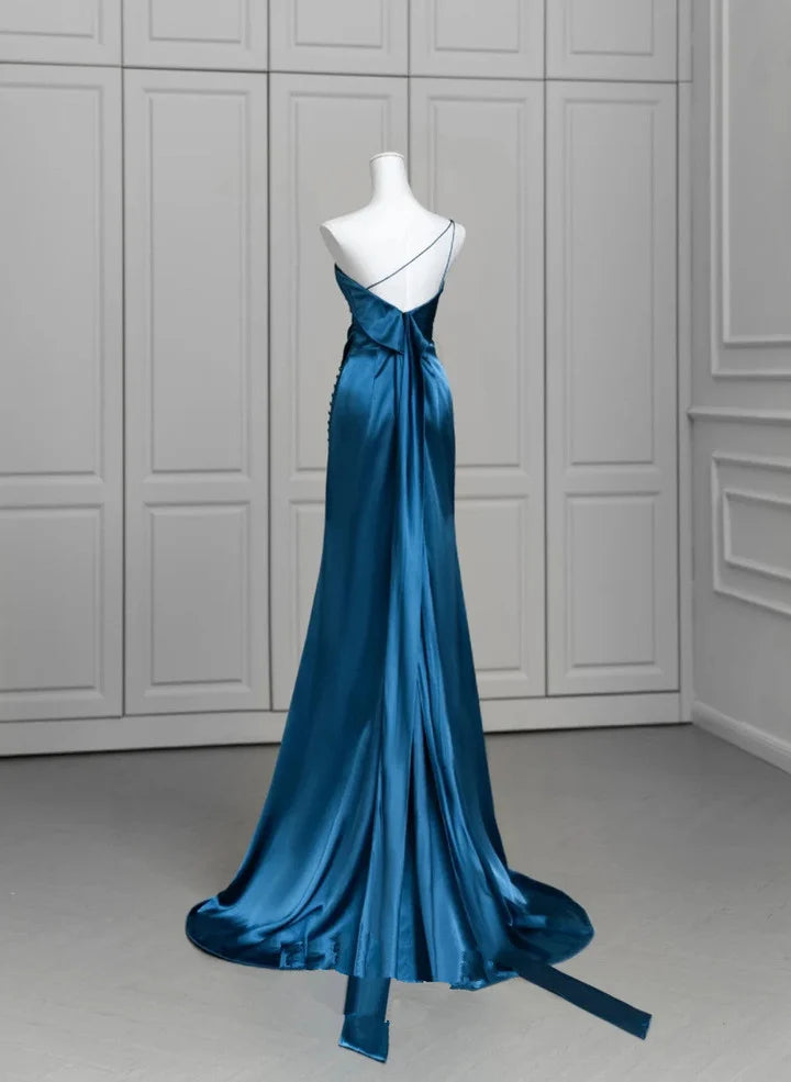 Blue soft satin long slit ball dress evening formal dress