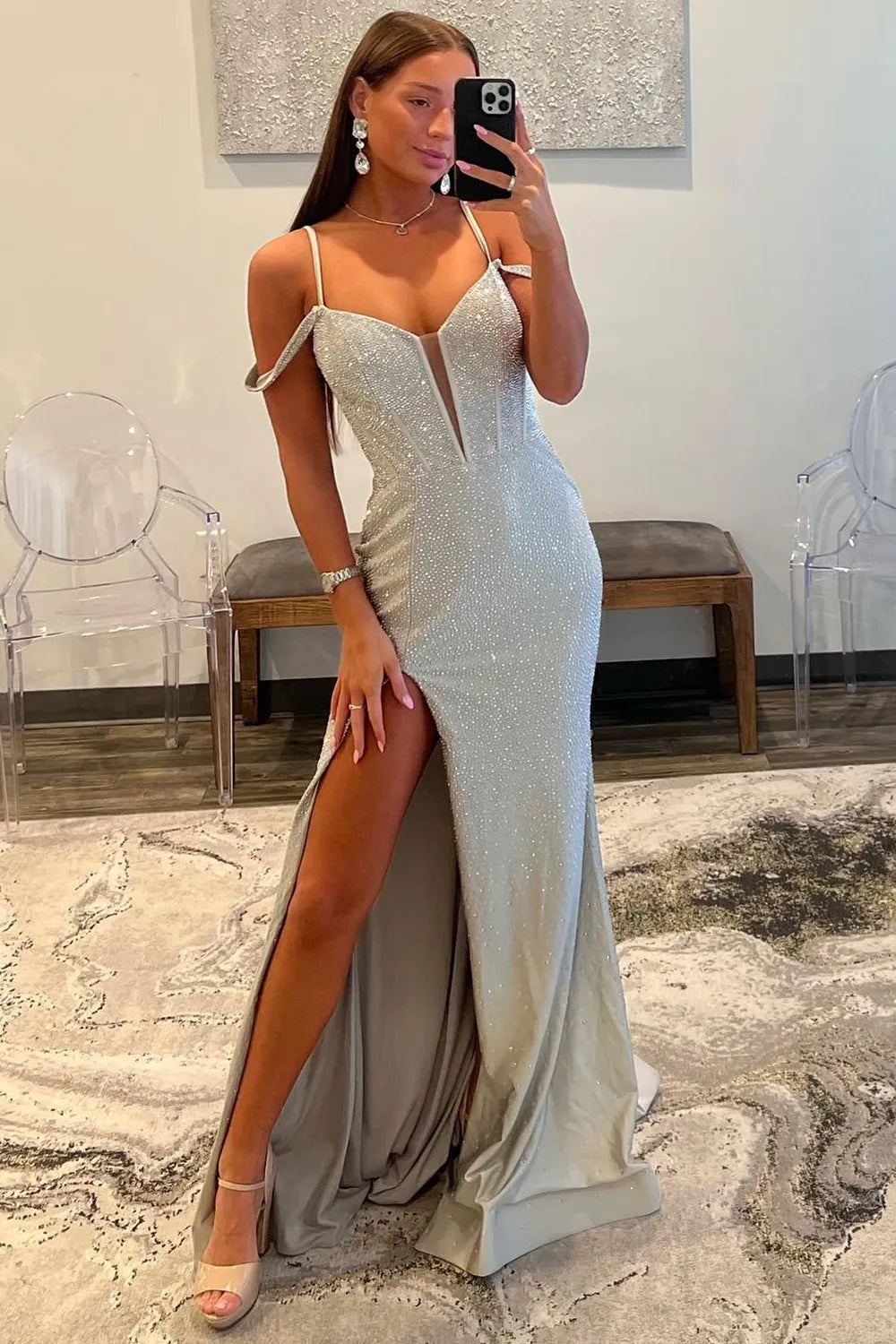 Mermaid Fashion Off Shoulder Long Split Beaded Ball Party Dress