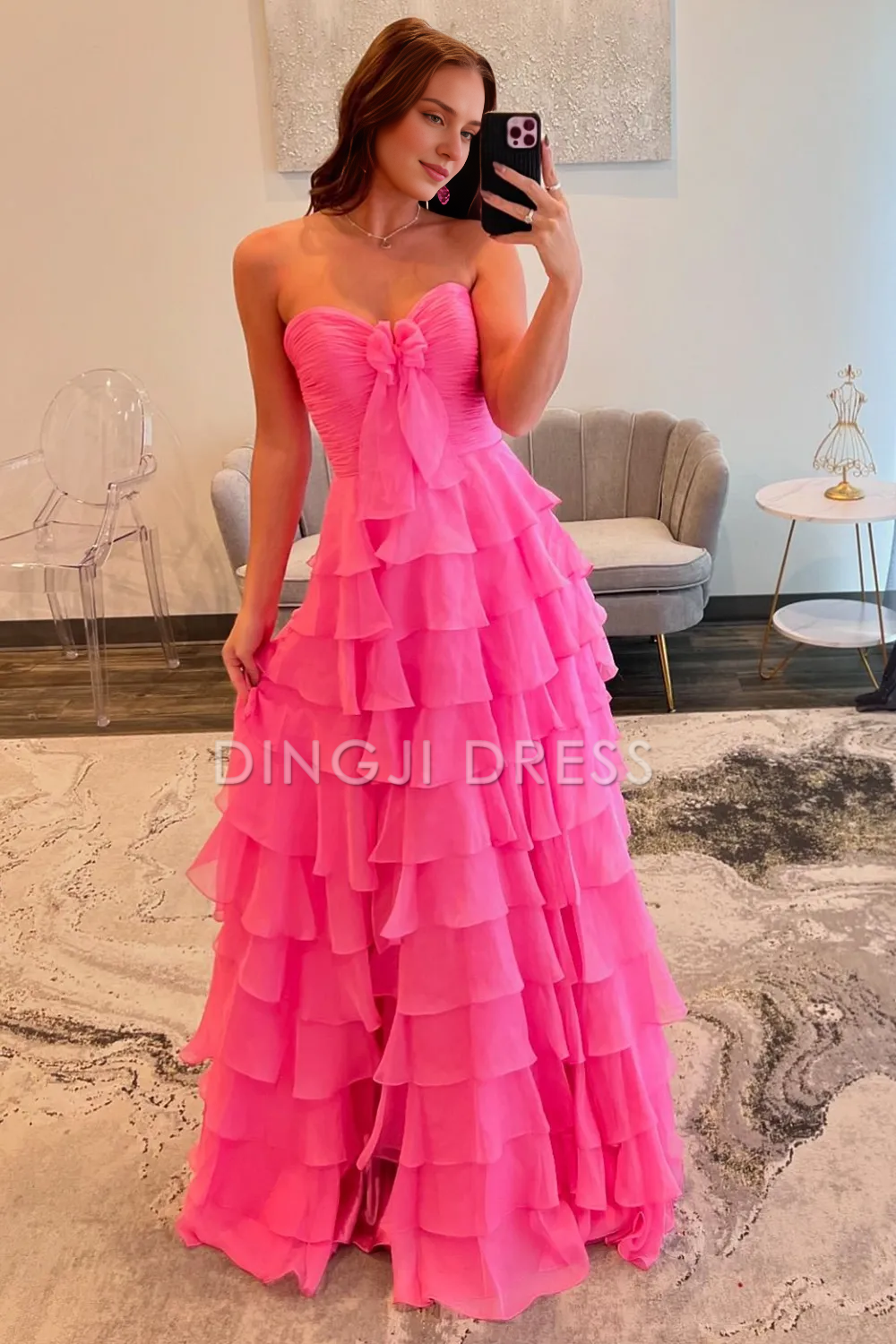 DingJiDress Cute A-Line Sweetheart Strapless Tiered Chiffon Side Fork Elegant Prom Dress