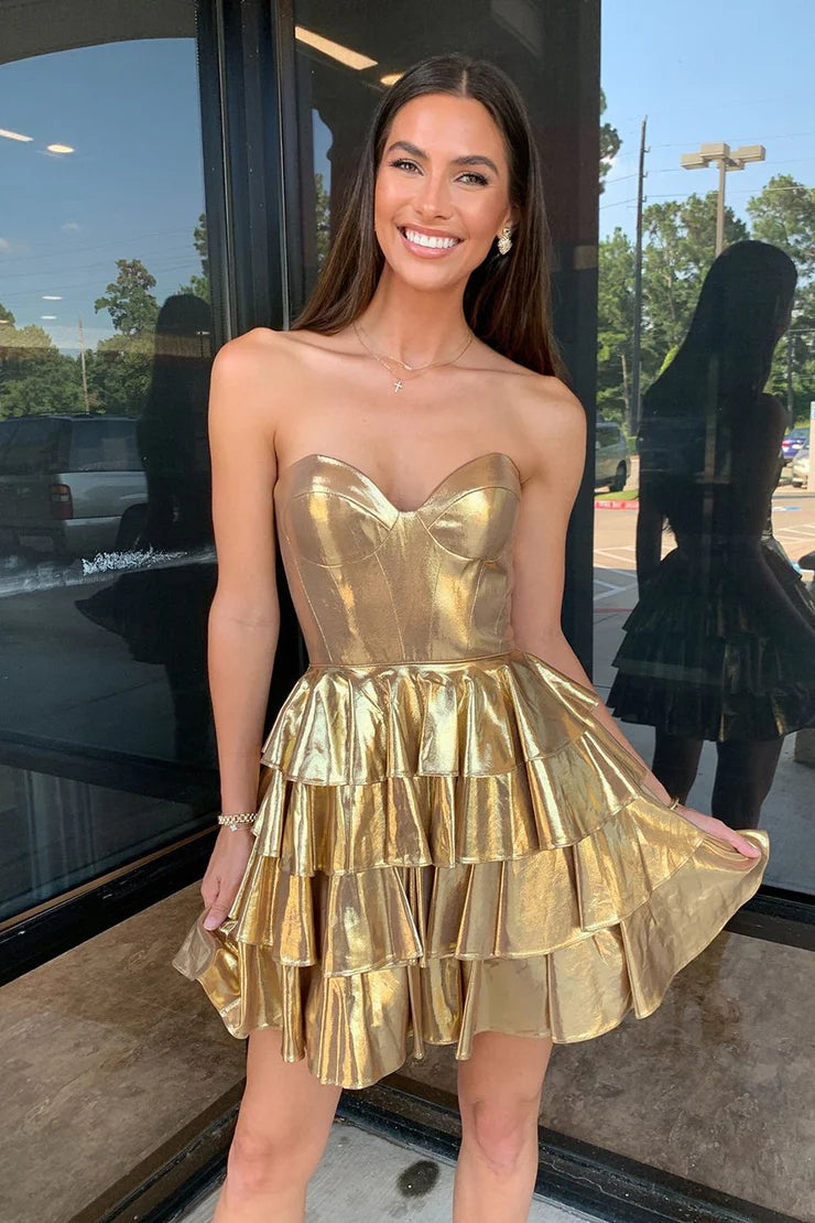 A Line Sweetheart Gold Sparkly Short Homecoming Dresses