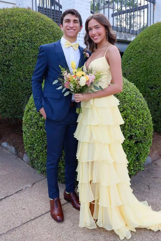 Spaghetti Straps V-Neck Layered Chiffon Sleeveless Long Prom Dress ﻿