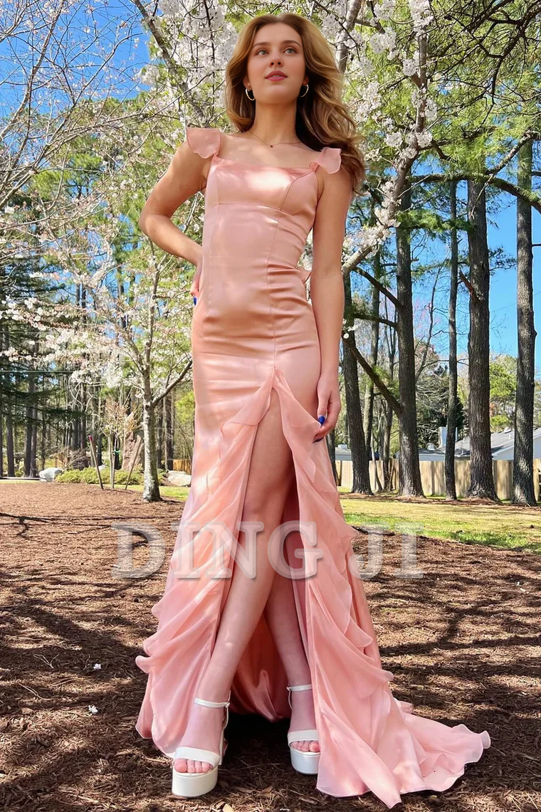 DingJiDress Evening Dress Unique Square Neck Ruffle Slit Backless Sweep Train Prom Dress Elegant Exquisite Formal Women's Dresses Wedding Guest Dresses