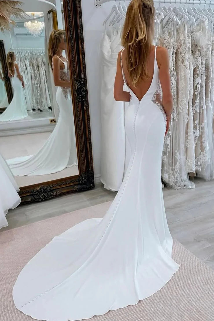 Charming Mermaid V Neck White Wedding Dress with Beading