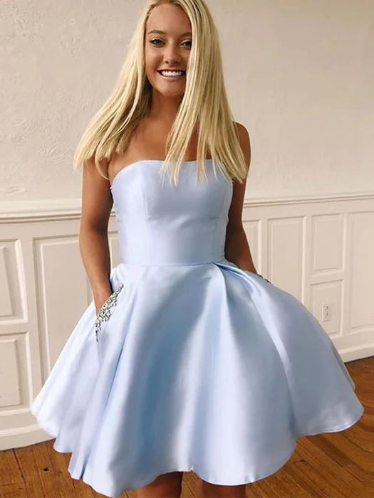 Blue satin short ball back to school dress formal graduation evening dress