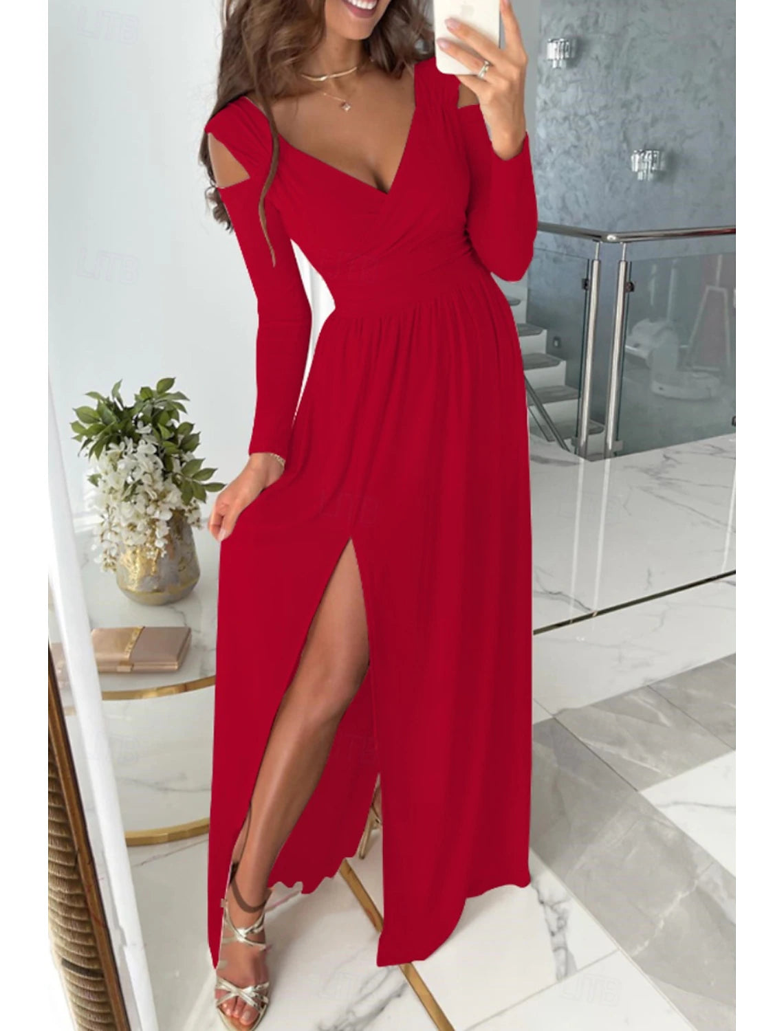 Women's Long Dress Maxi Dress Prom Dress Party Dress Elegant Fashion Party Special Occasion Regular Fit Plain Long Sleeve V Neck Black Red Blue Green Summer