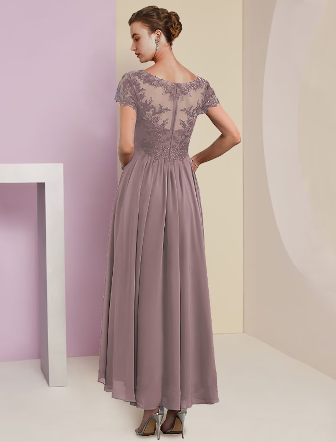 Two Piece A-Line Mother of the Bride Dress Formal Wedding Guest Elegant V Neck Length Lace Short Sleeve Wrap Included with Pleats Appliques
