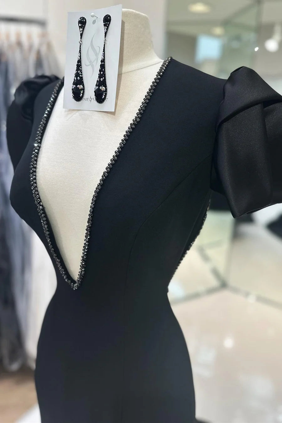 Black Beaded Plunge V Puff Sleeve Mermaid Long Prom Dress