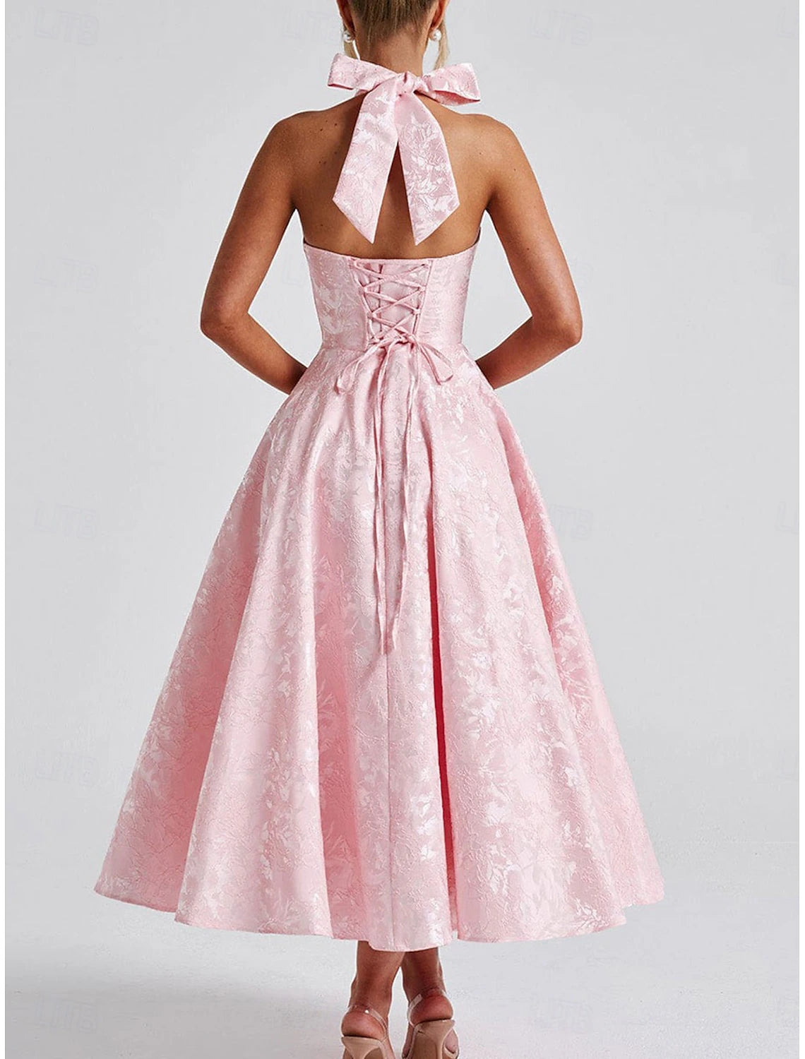 A-Line Pink Dress Jacquard Dress Semi Formal Cocktail Dress Wedding Midi Length Sleeveless Halter Neck Bow Backless with Lace Up Detail