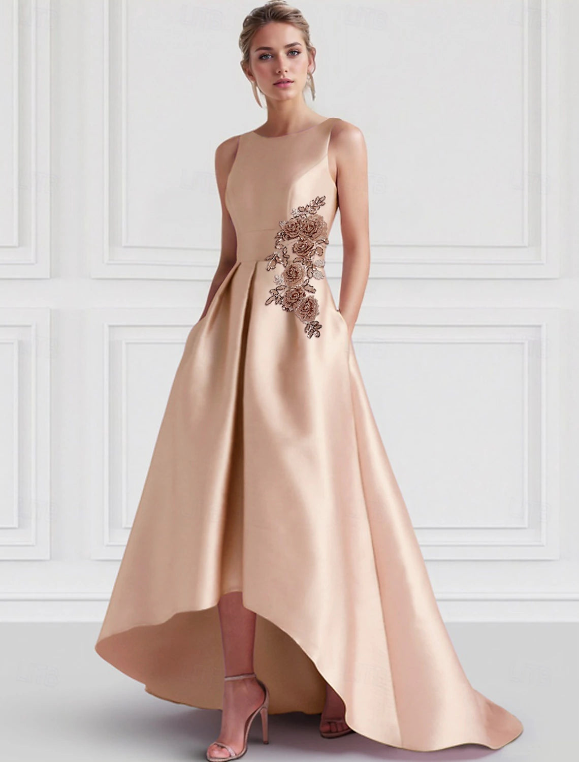 Pink A-Line Floral Satin Evening Gown Elegant Dress Formal Wedding Guest Asymmetrical Sleeveless with Embroidery Appliques Derby Dresses