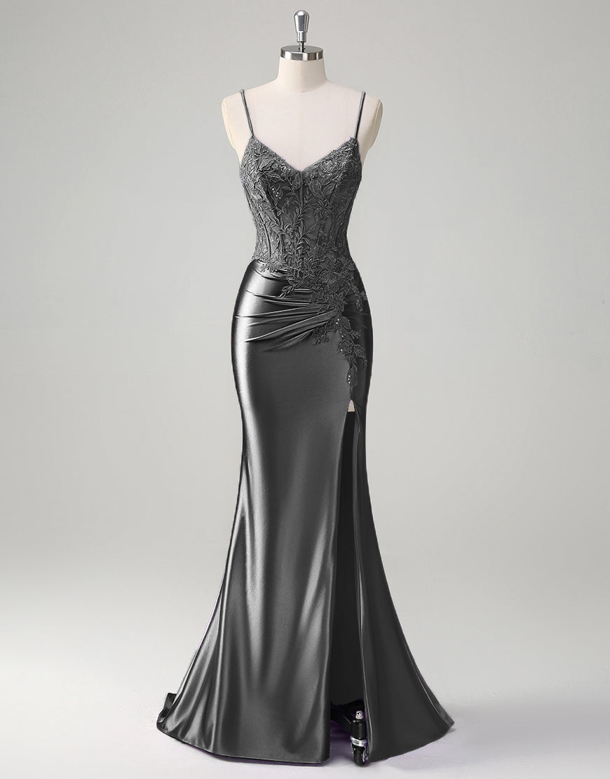 Lilac Floral Mermaid Corset Long Prom Dress with Slit