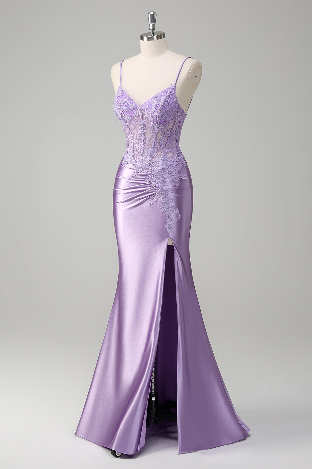 Lilac Floral Mermaid Corset Long Prom Dress with Slit