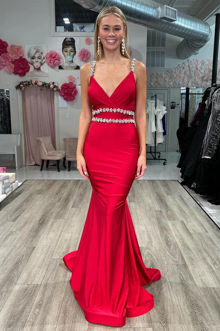 Red Surplice Open Back Beaded Mermaid Long Formal Dress