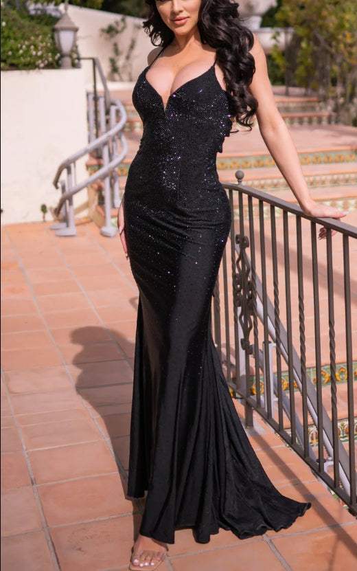 DingJiDress New Pattern Wedding Guest Dress V-Neckline Fitted Satin Spaghetti Strap Gown Hot Set Rhinestones Open Back Black Formal Dress Evening Dress
