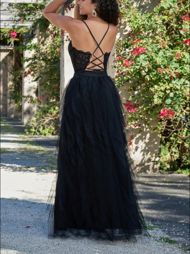 DingJiDress New Pattern Wedding Guest Dress Bodice Sexy Sheer Lace Lace up Open Back Floor Length Gown Ruffle Tulle Skirt Black Formal Dress Evening Dress