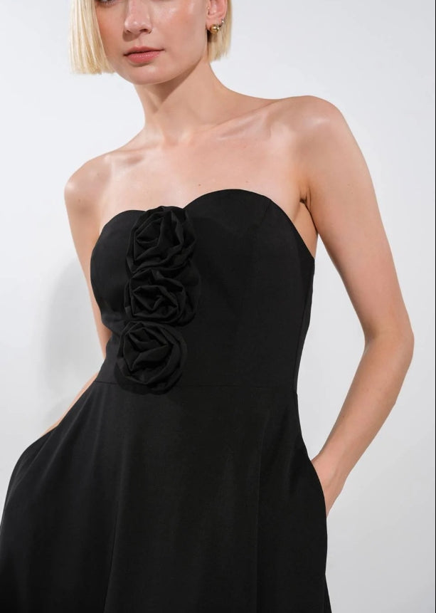 DingJiDress New Pattern Wedding Guest Dress Strapless Center Rosette Full Skirt Back Zipper Closure Backless Black Formal Dress Evening Dress
