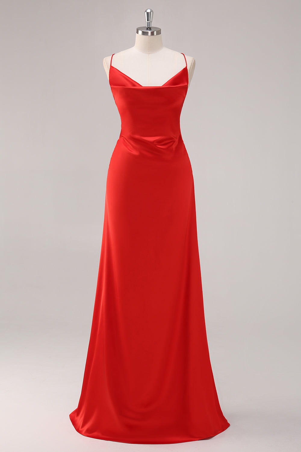 Red Satin Spaghetti Straps Sheath Long Formal Dress