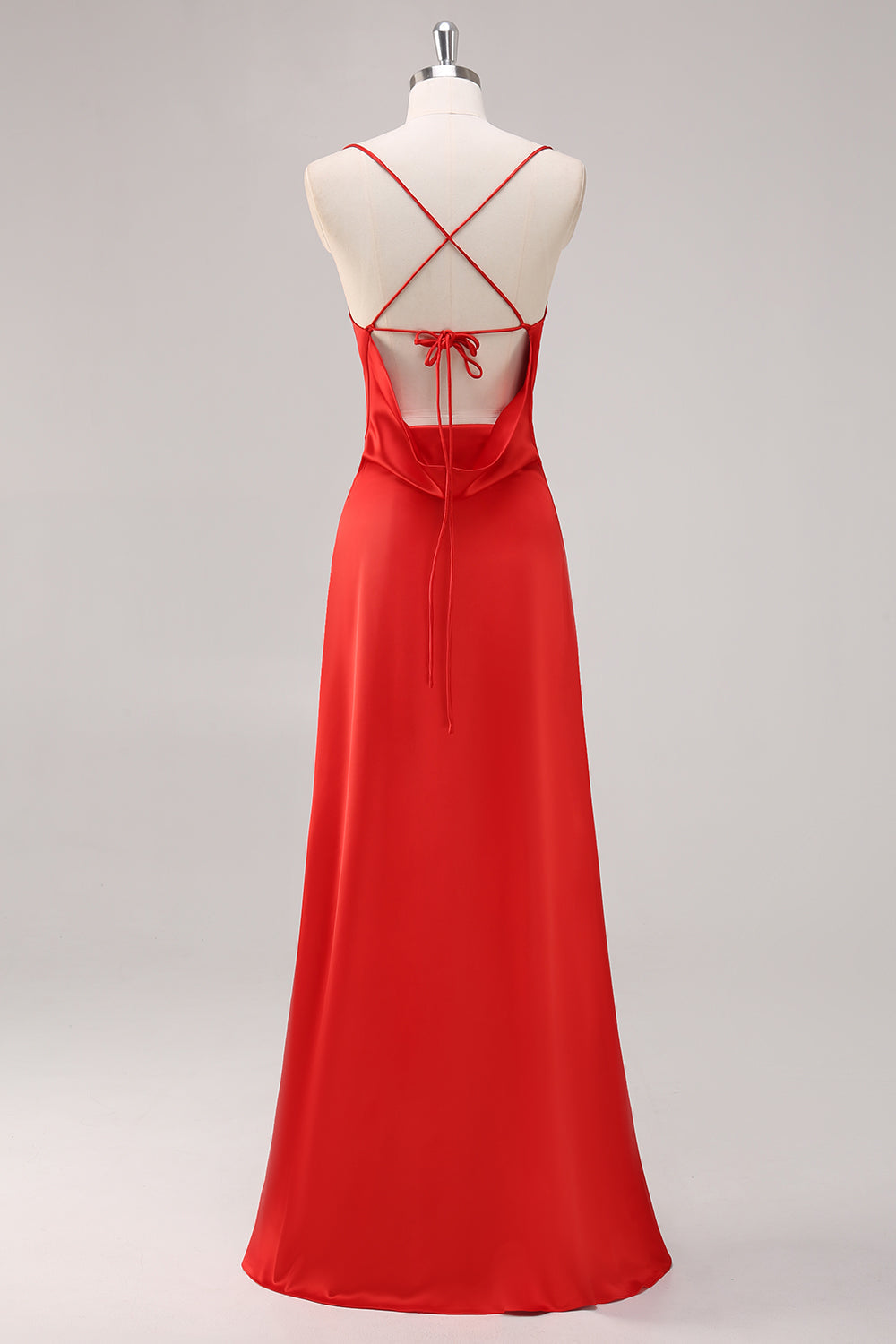 Red Satin Spaghetti Straps Sheath Long Formal Dress