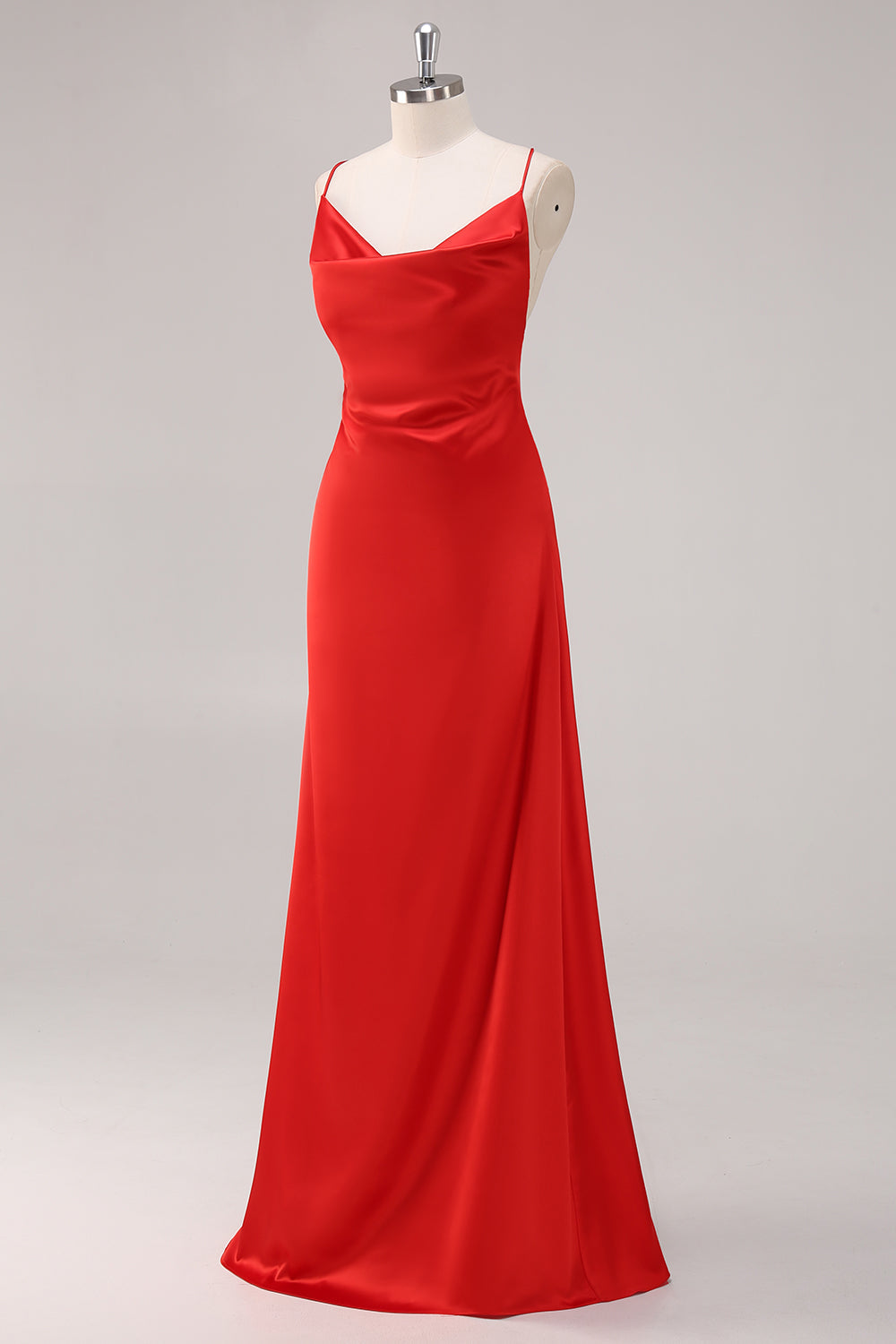 Red Satin Spaghetti Straps Sheath Long Formal Dress