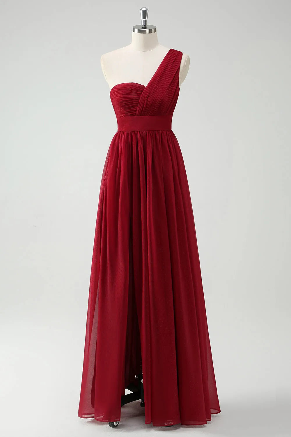 One Shoulder Ruched Burgundy Long Prom Dress with Slit