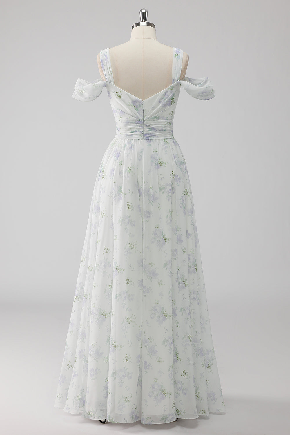 White Floral Cold Shoulder A Line Long Wedding Guest Dress with Slit