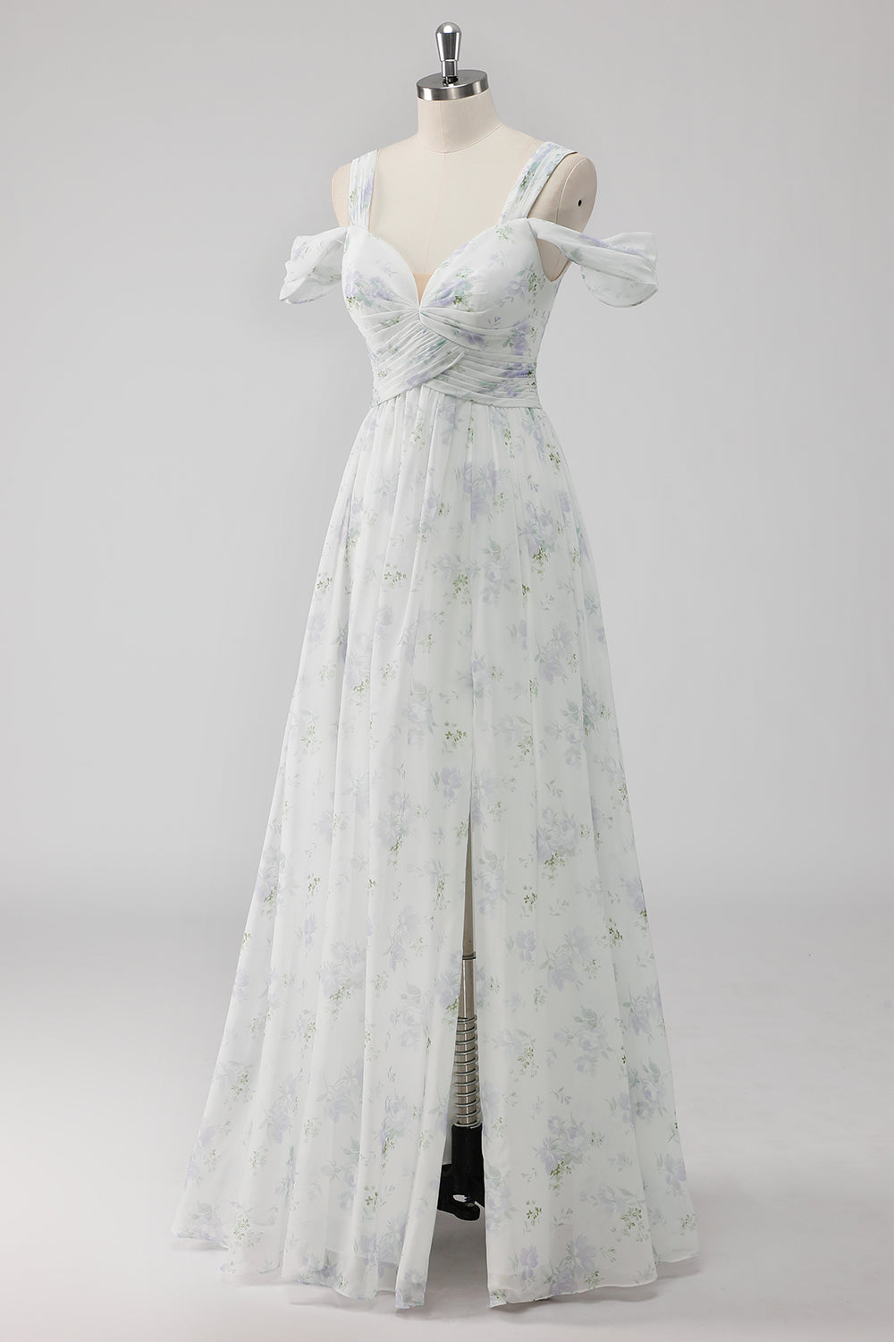 White Floral Cold Shoulder A Line Long Wedding Guest Dress with Slit