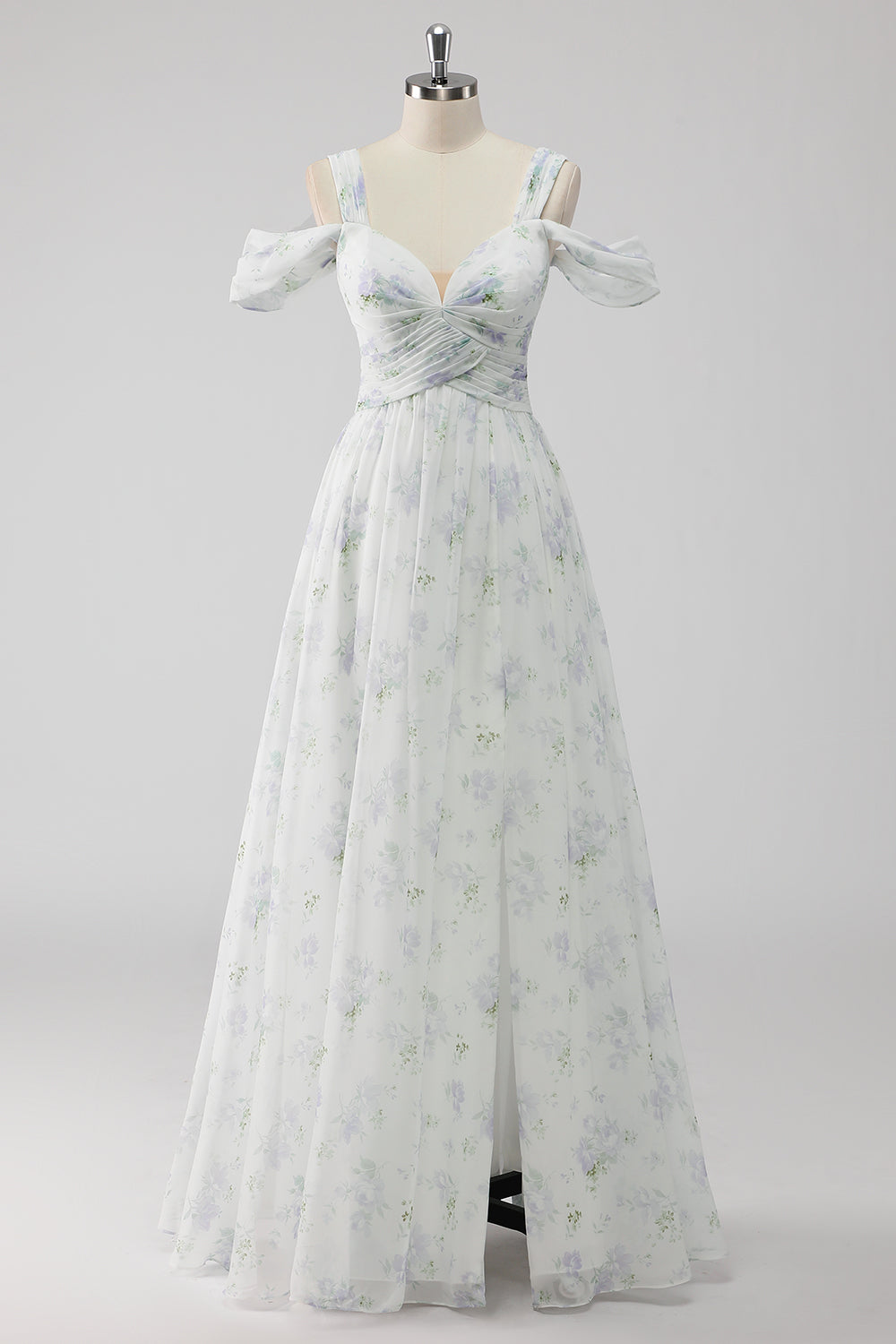 White Floral Cold Shoulder A Line Long Wedding Guest Dress with Slit