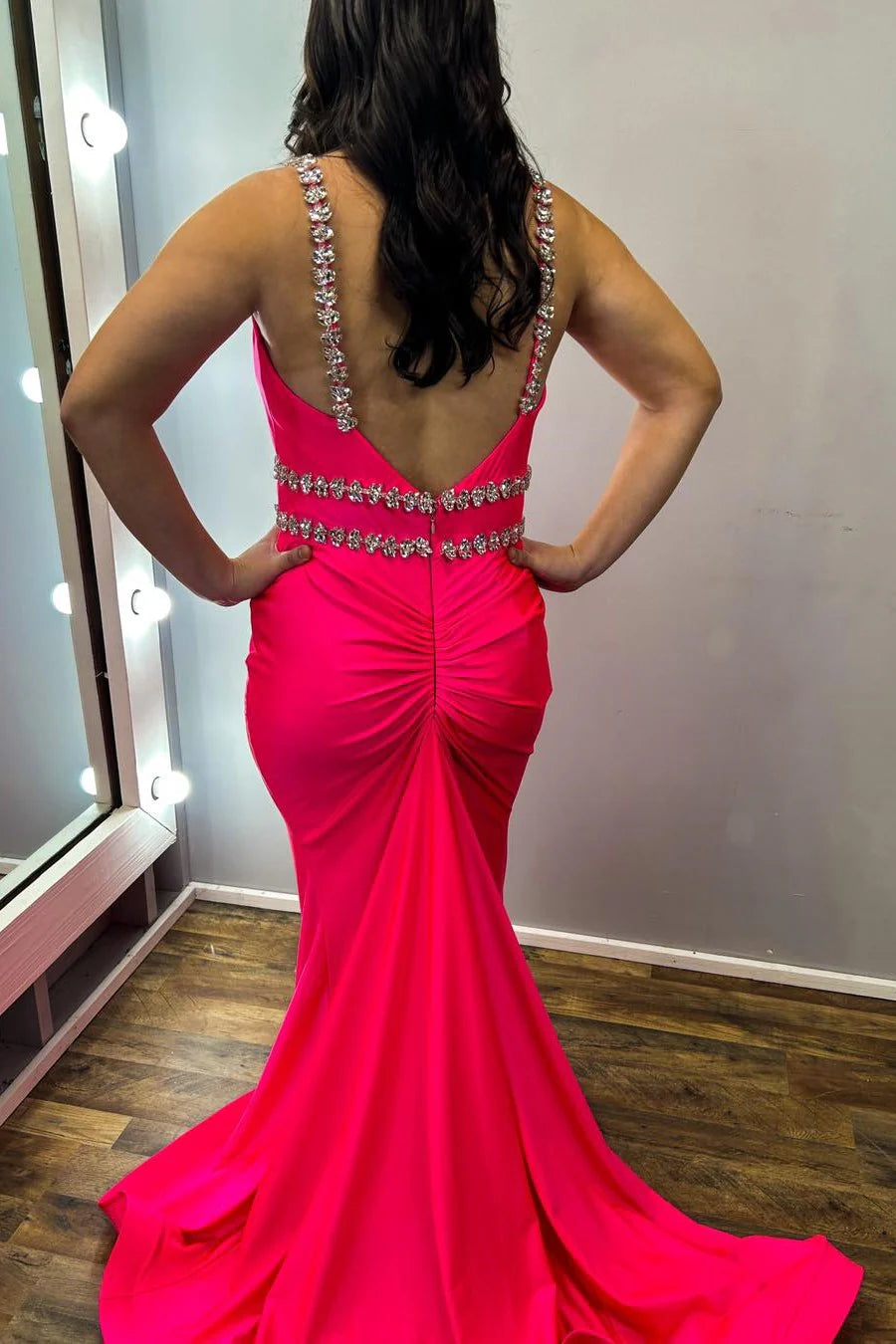 Red Surplice Open Back Beaded Mermaid Long Formal Dress