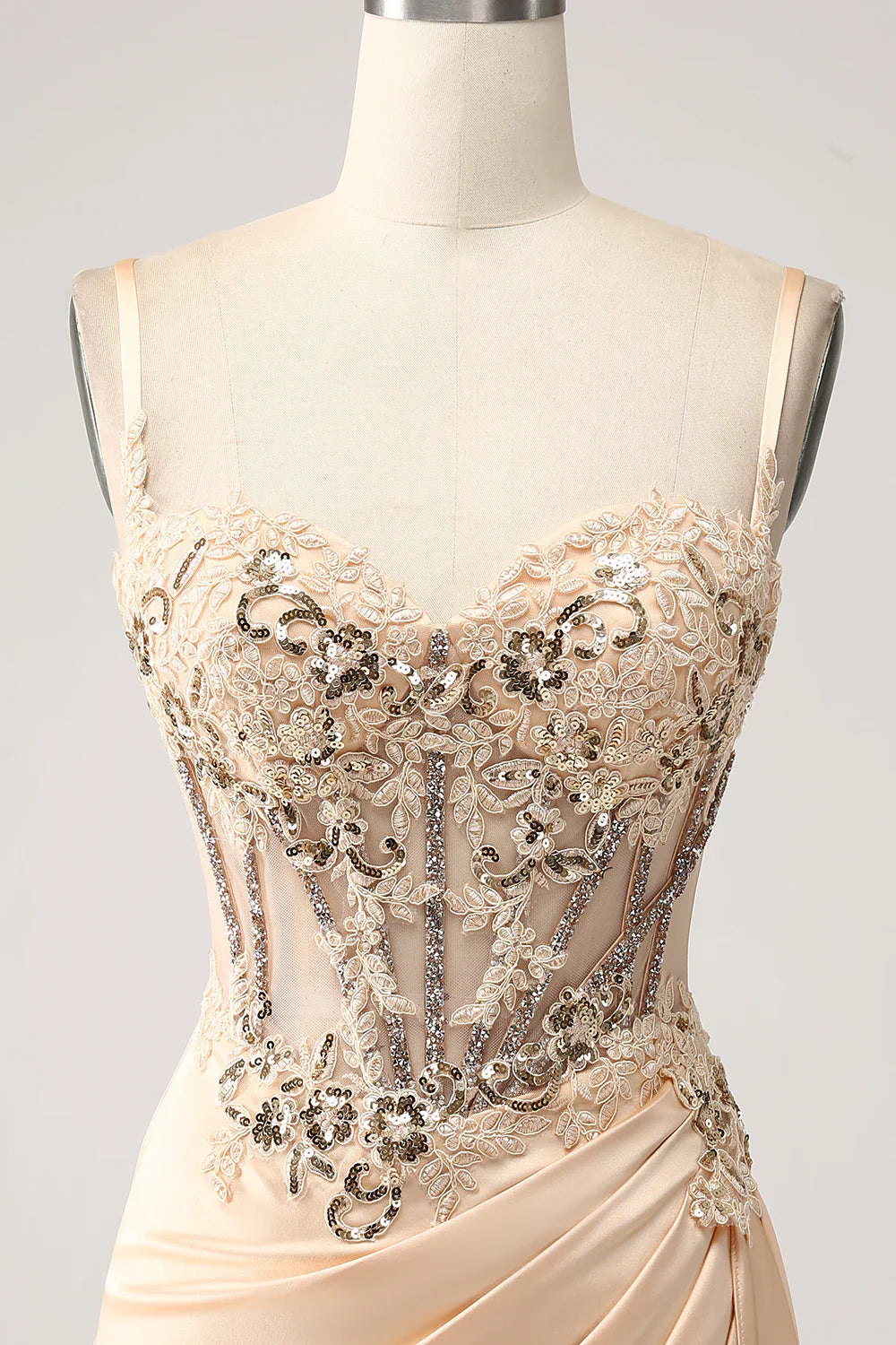 DingJiDress Elegant Champagne Mermaid Pleated Satin Prom Dress With Appliques