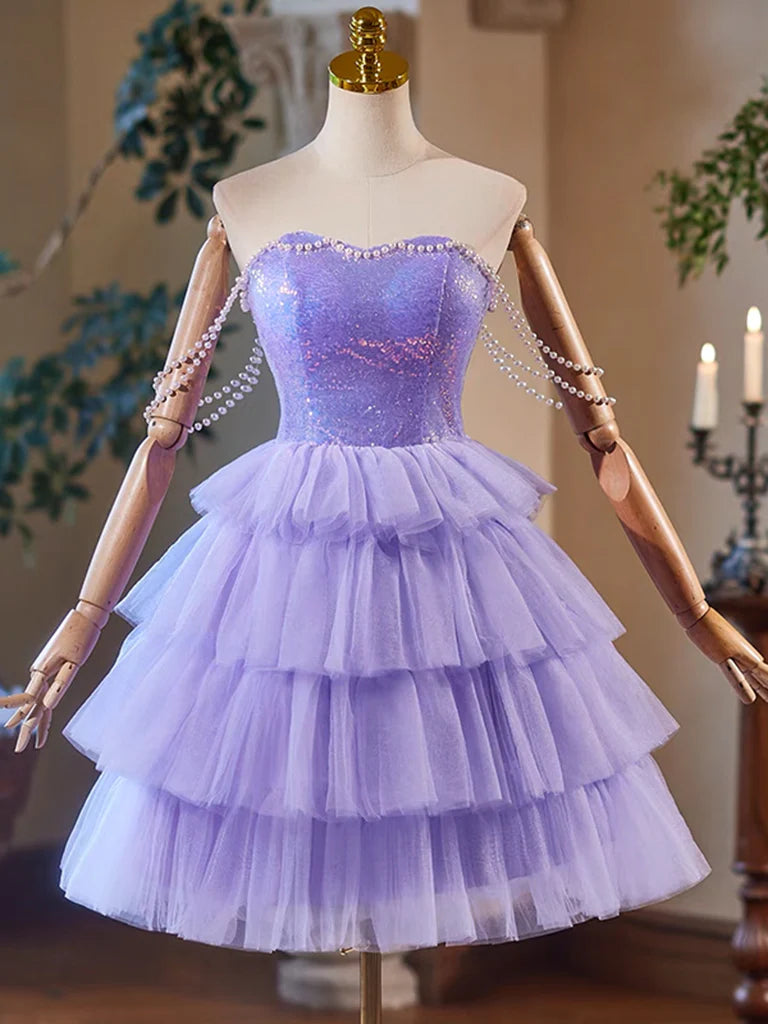 A-Line Sweetheart Neck Purple Short Prom Dress Purple Homecoming Dress