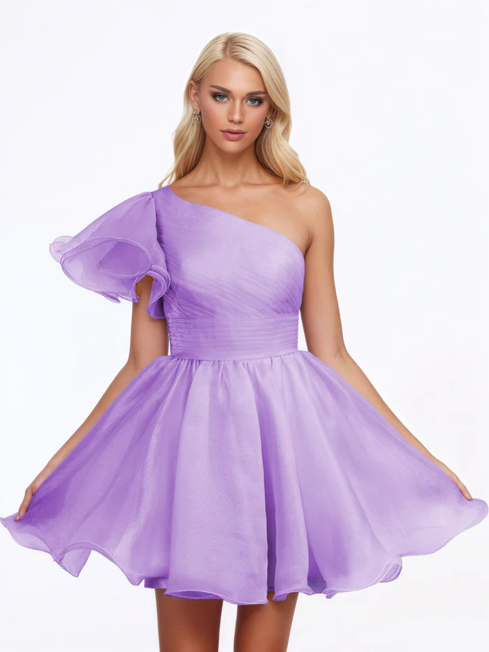 Lilac One Shoulder Tulle Pleats Homecoming Dress
