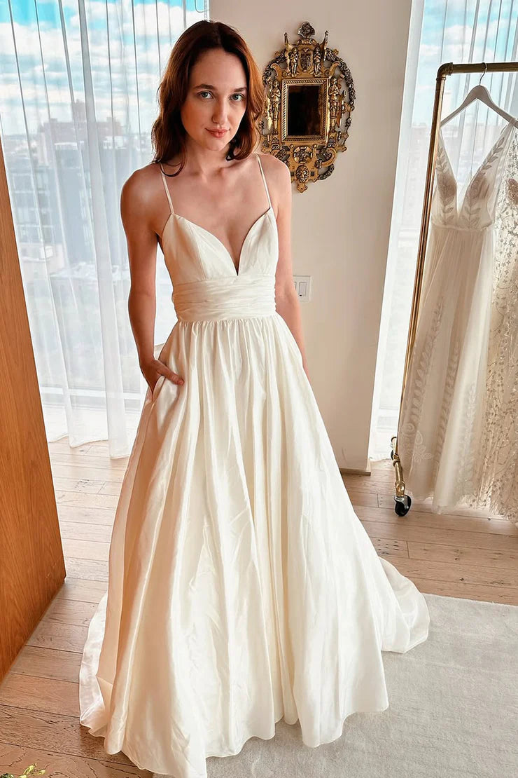 Vintage A Line V Neck Champagne Satin Wedding Dress