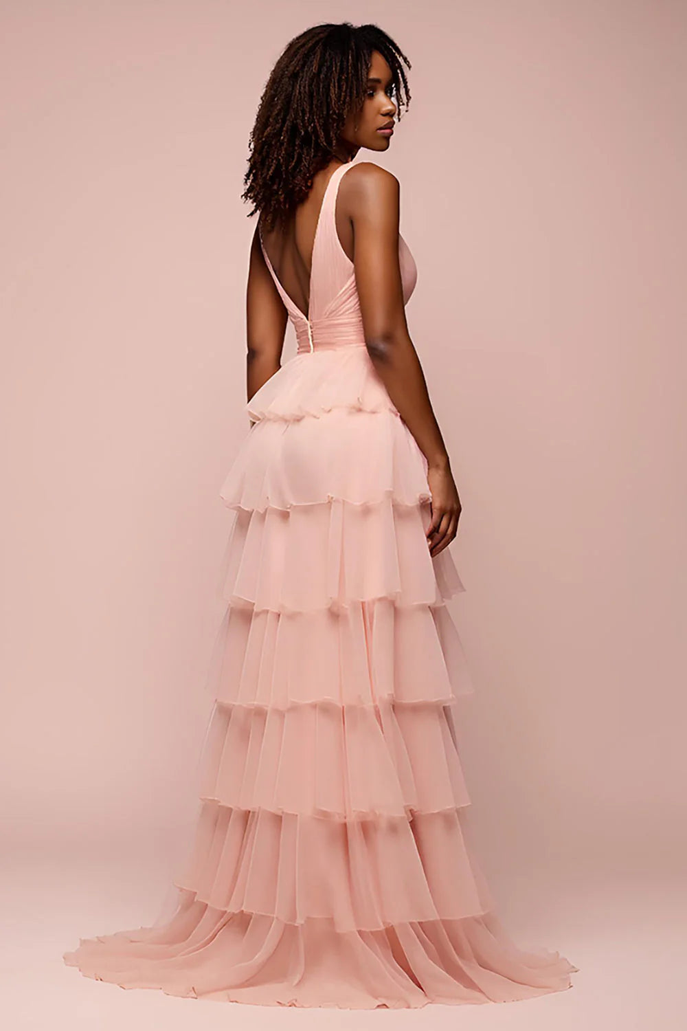 Pink chiffon A-line layered backless long slit ball dress