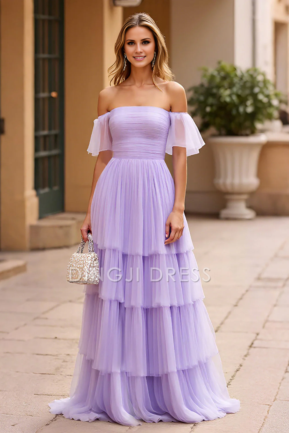 DingJiDress High Quality Dress A Line Chiffon Pleated Tiered Square Neck Romantic Long Prom Dress