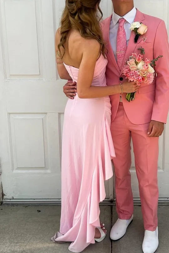 Pink Strapless Pleated Satin Side Slit Long Prom Party Dress