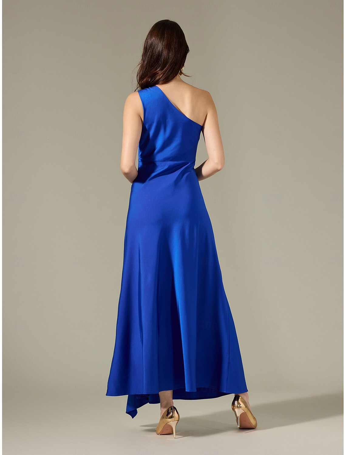 Satin Blue Sleeveless One Shoulder Ruffle Maxi Dress