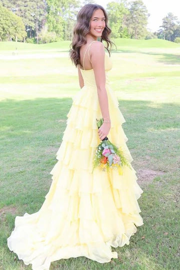 Spaghetti Straps V-Neck Layered Chiffon Sleeveless Long Prom Dress ﻿