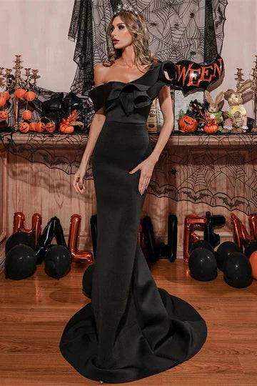 Burgundy Off-the-Shoulder Ruffled Mermaid Long Evening Dress