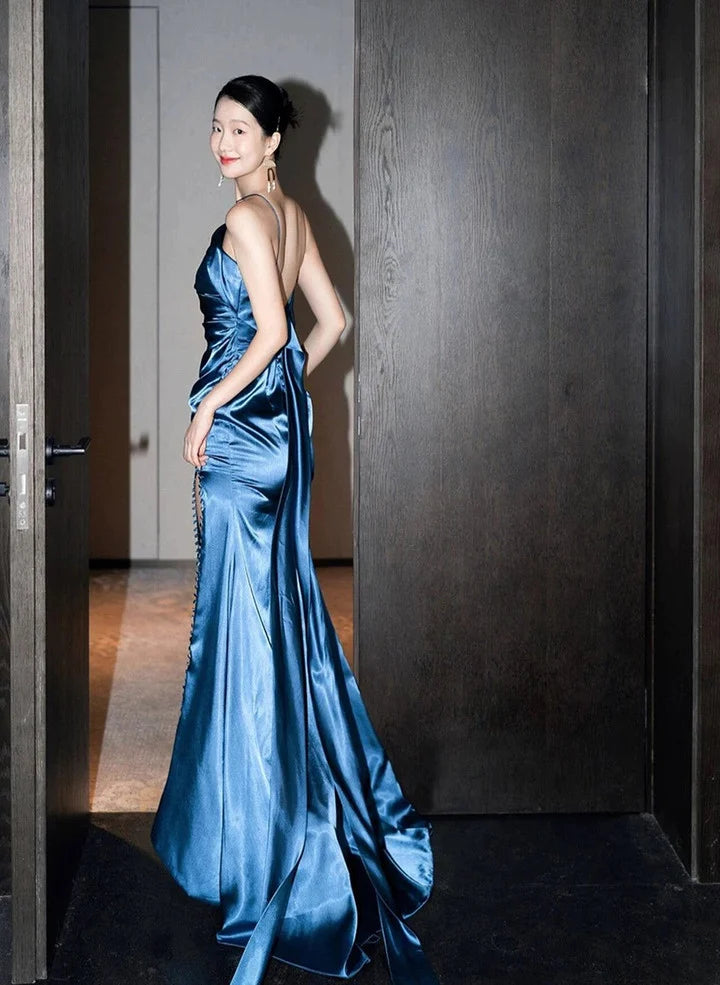 Blue soft satin long slit ball dress evening formal dress