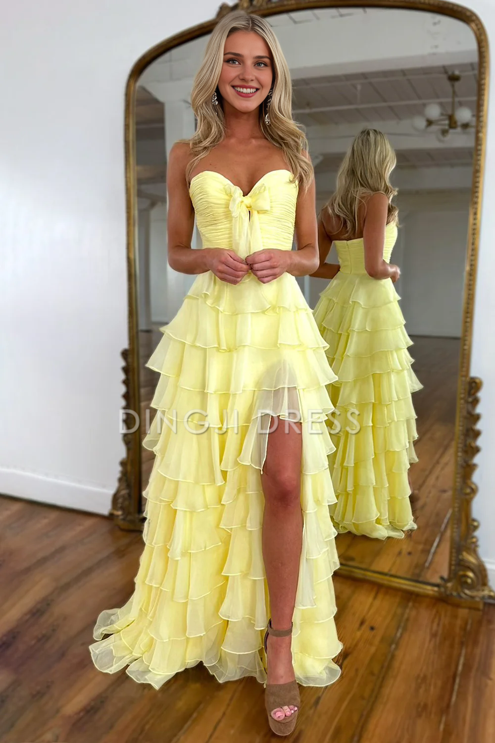 DingJiDress Cute A-Line Sweetheart Strapless Tiered Chiffon Side Fork Elegant Prom Dress