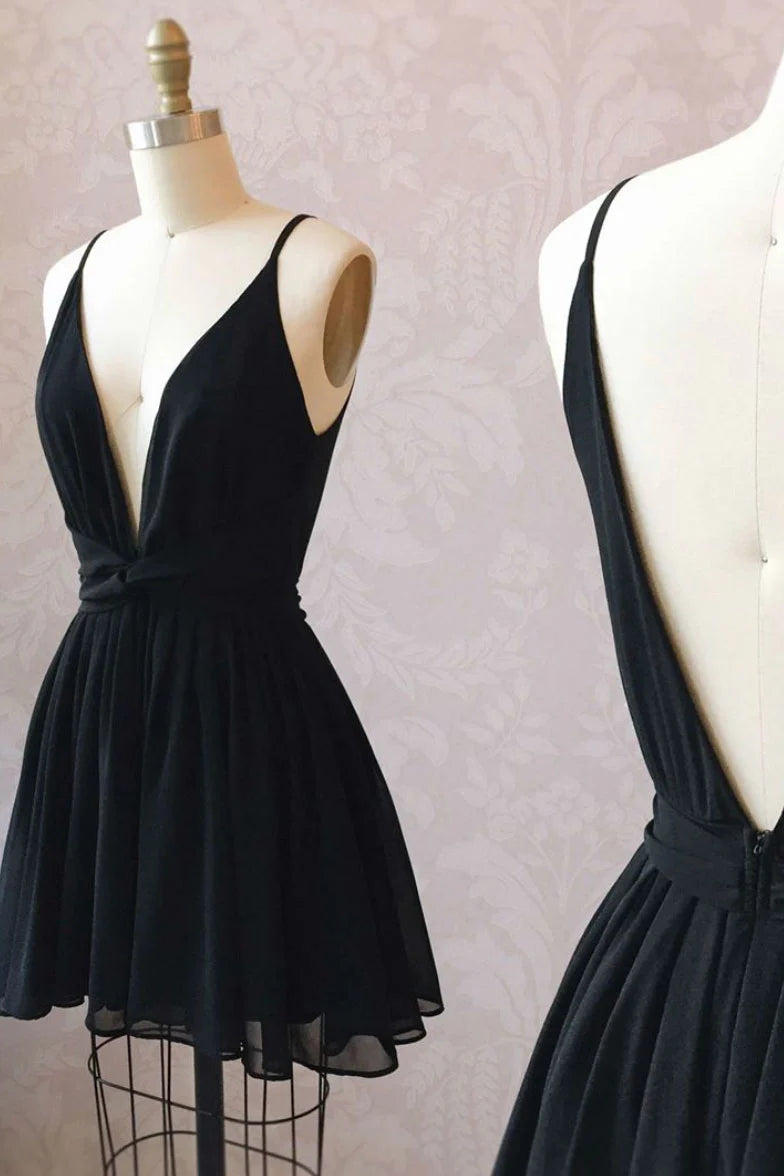 Black v neck chiffon short prom dress black homecoming dress
