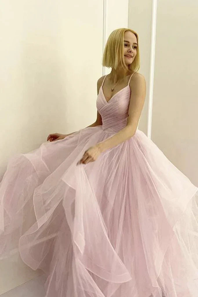 Pink V-neck chiffon long ball dress formal evening gown