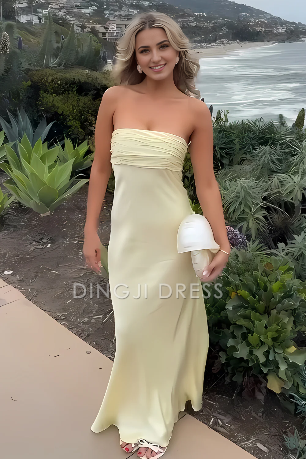 DingJiDress Simple Sheath Pleated Bodice Strapless Long Temperament Prom Dress