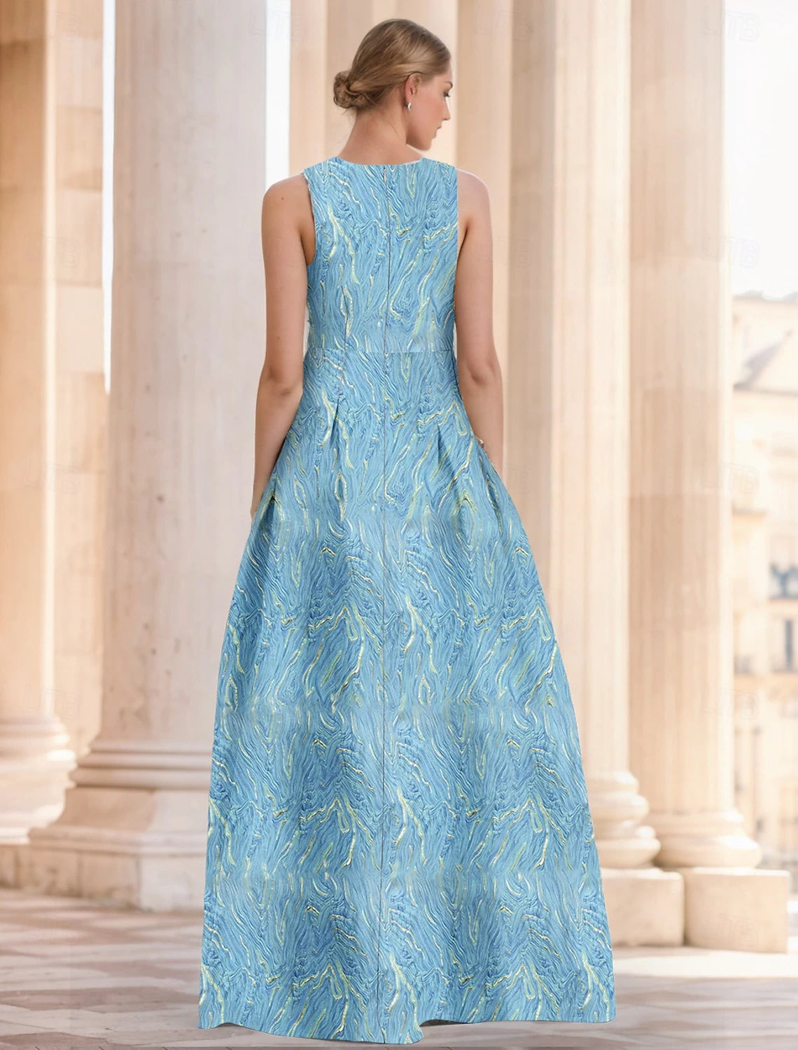 Jacquard Pink A-Line Evening Gown Elegant Dress Formal Wedding Floor Length Sleeveless V Neck Pocket Nylon with Slit Pocket