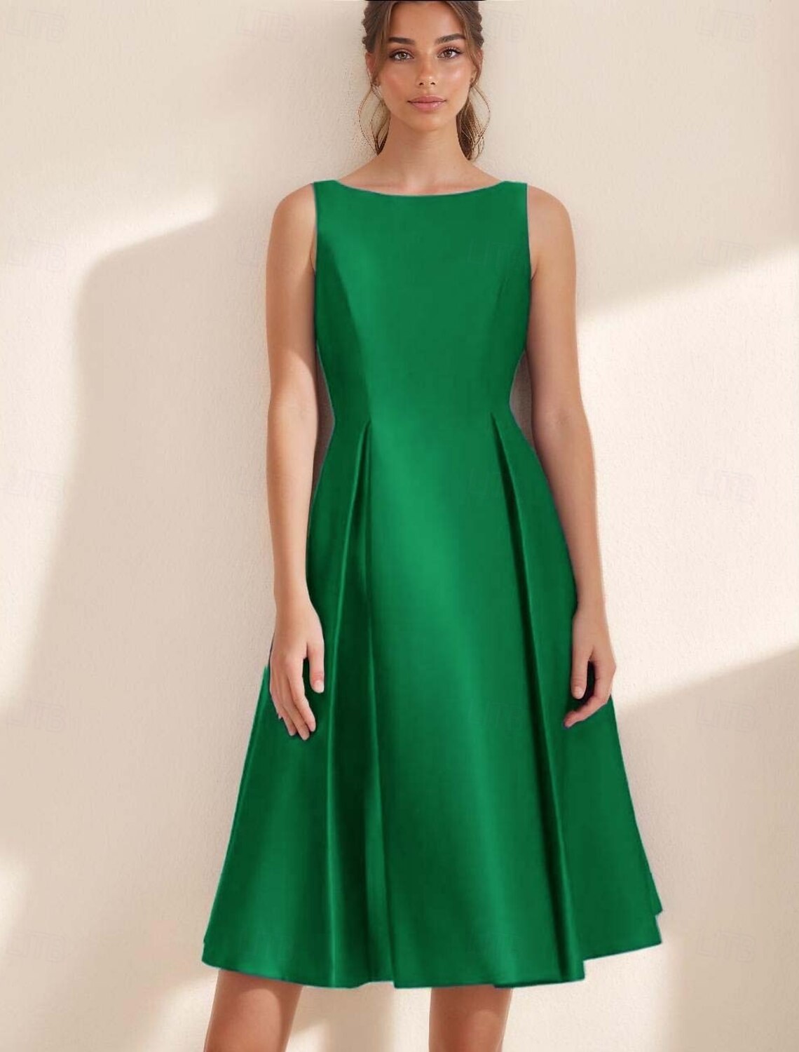 A-Line Cocktail Dresses Elegant Dress Formal Evening Party Tea Length Sleeveless Boat Neck Pocket Satin with Pleats Derby Dresses