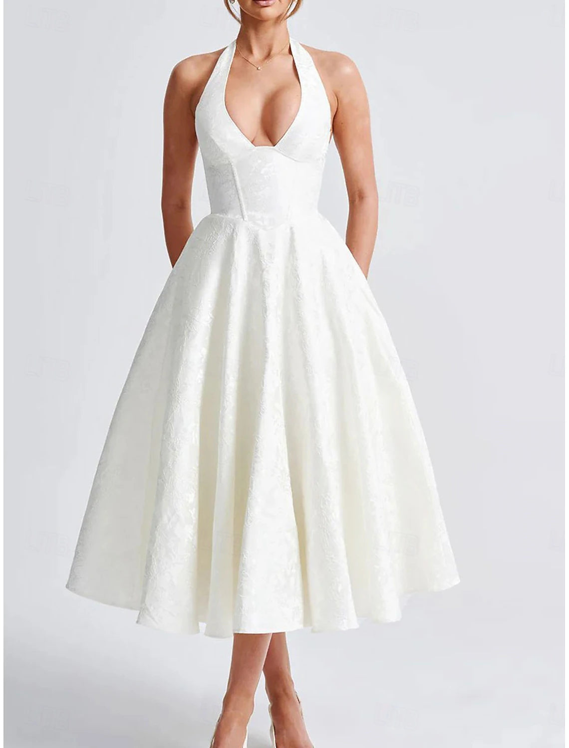 A-Line Pink Dress Jacquard Dress Semi Formal Cocktail Dress Wedding Midi Length Sleeveless Halter Neck Bow Backless with Lace Up Detail