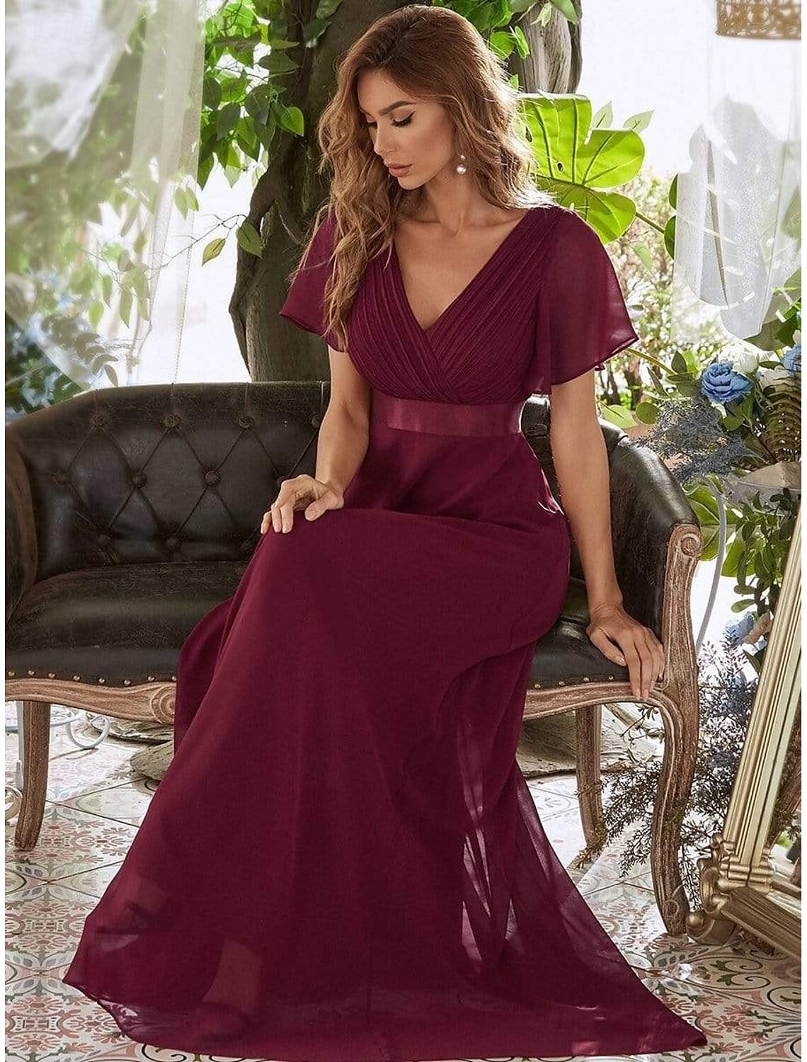 A-Line Prom Dresses Elegant Dress Wedding Guest Graduation Floor Length Short Sleeve V Neck Bridesmaid Dress Chiffon V Back with Ruched Ruffles