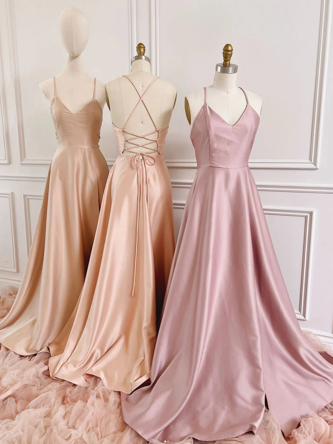 Simple A line satin long prom dress pink bridesmaid dress